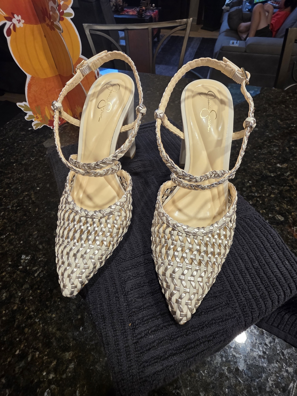 Jessica Simpson Braided Pointed Slingback Heels in Cream and Silver